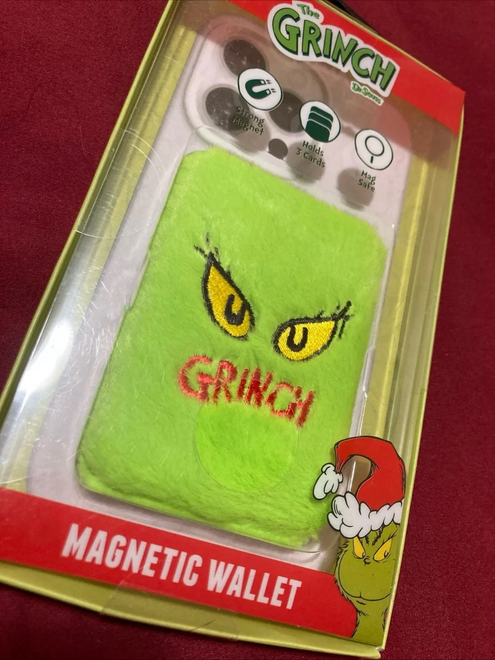 The Grinch Fuzzy Magnetic Wallet For iPhones Holds 3 Cards Strong Magnet New